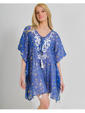 Ble Καφτανι/φορεμα σε Μπλε Χρωμα με Χρυσα Φυλλα (100% Cotton) 5-41-254-0231