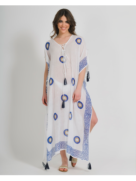 Ble Καφτανι/φορεμα Μακρυ σε Λευκο Χρωμα με Ματια και Lurex one Size (100% Cotton)