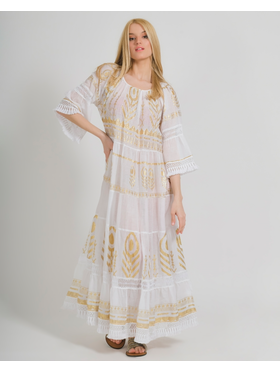 Ble Φορεμα Μακρυ Λευκο/χρυσο με Χαντρες και Κροσσια one Size ( 100% Cotton)