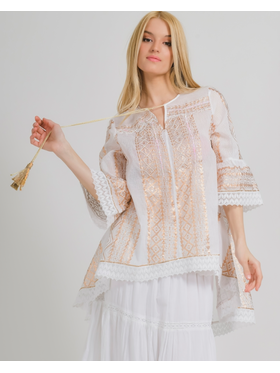 Ble Μπλουζα Ασυμμετρη  Λευκο/ροζ Χρυσο με Χαντρες και Δαντελα one Size ( 100% Cotton)