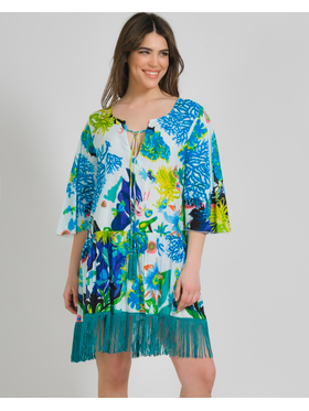 Ble Φορεμα/tunic Μπλε Λευκο με Σχεδια και Κροσσια οne Size ( 100% Cotton)