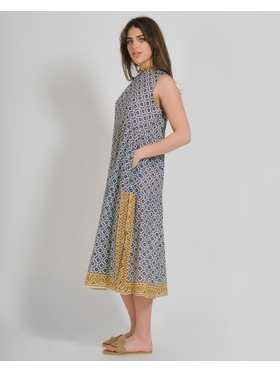 Ble Φορεμα Μακρυ Αμανικο Ασπρο/μπλε με Μουσταρδι Λεπτομερειες one Size (100% Cotton)