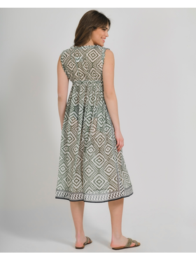 Ble Φορεμα Μακρυ Αμανικο Ασπρο/πρασινο με Μαυρες Λεπτομερειες one Size (100% Cotton)