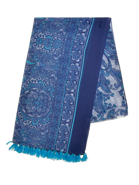 Ble Φουλαρι/παρεο Μπλε με Σχεδια και Κροσσια 100χ180 (100% Cotton)