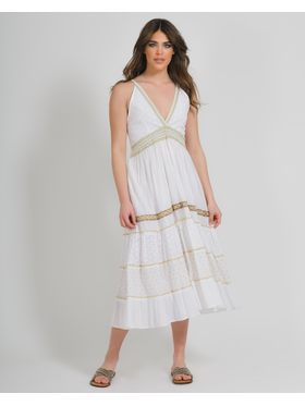 Ble Φορεμα Μακρυ Αμανικο Λευκο με Χρυσες Λεπτομερειες one Size (100%cotton)