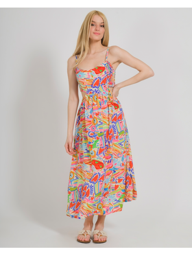 Ble Φορεμα Αμανικο με Ανοιγμα στη Πλατη με Πολυχρωμα Σχεδια one Size  (100% Crepe)