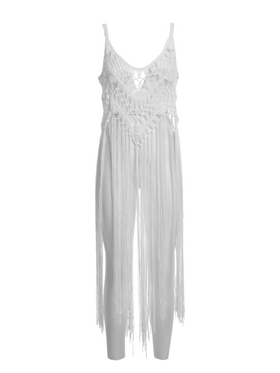 Ble Φορεμα Αμανικο σε Λευκο Χρωμα με Κροσσια one Size