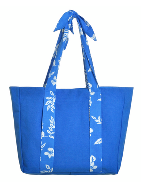 Ble Τσαντα Υφασματινh Μπλε με Λευκα Λουλουδια (50%cotton 50% Polyester)