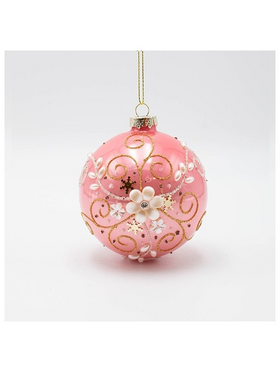 Γυαλινη Μπαλα, ροζ με Λευκο Περλε Λουλουδι, σετ 4τμχ, 8cm