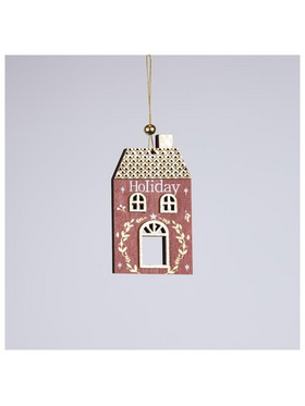 Ξυλινο Στολιδι Σπιτακι, Κοκκινο με Χρυσο, 0.5x7.5x13cm
