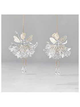 Ακρυλικη Νεραιδα, Διαφανη, με Απαλο Χρυσο Glitter, με Κρεμαστα Ποδια με Πετρουλες, 2 Σχεδια, 10x15,5cm, Τιμη ανα τμχ