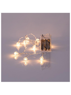 Σειρα, 10 led 5mm, με Ακρυλικες Διαφανες Μπαλες 1,8cm, Μπαταριας 3xaa, Διαφανο pvc Καλωδιο, Θερμο Λευκο Led, ανα 15cm, Προεκταση Παροχης 50cm, Ip20