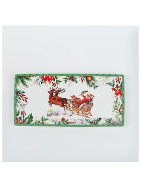 Μακροστενη Πιατελα με Χριστουγεννιατικη Παρασταση, Πρασινη, 32.8cm