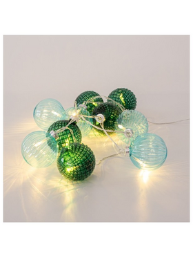 Σειρα, 10 led 5mm, με Πρασινες Γυαλινες Μπαλες 6cm, 4,5v Μετασχηματιστης, Διαφανο Καλωδιο, Θερμο Λευκο, ανα 15cm, Προεκταση Παροχης 300cm, Ip44