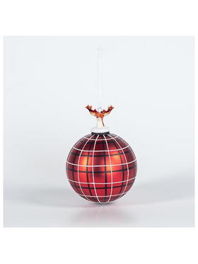 Γυαλινη Μπαλα, Κοκκινη Καρο, με Πορσελανινο Ταρανδο, 1τμχ, 10cm