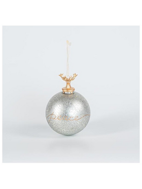 Γυαλινη Μπαλα, Γκρι, με Πορσελανινο Ταρανδο, 1τμχ, 10cm