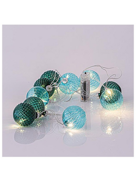 Σειρα, 10 led 5mm, με Πρασινες Γυαλινες Μπαλες 6cm, Μπαταριας 3xaa, Διαφανο pvc Καλωδιο, Θερμο Λευκο, ανα 15cm, Προεκταση Παροχης 50cm, Ip20