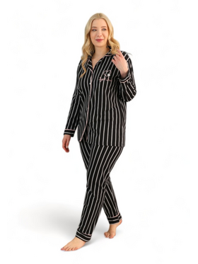 Πιτζαμα Γυναικεια Plus Size Με Κουμπια Πικε Pink Stripes Μαύρο