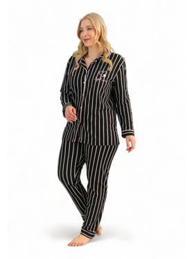 Πιτζαμα Γυναικεια Plus Size Με Κουμπια Πικε Pink Stripes Μαύρο