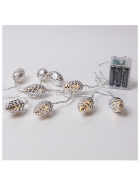 Σειρα, 20 led 5mm, Ασημι Κουκουναρια, Μπαταριας 3xaa, Χρονοδιακοπτη, Διαφανο pvc Καλωδιο, Θερμο Λευκο Led, ανα 15cm, Προεκταση Παροχης 30cm, Ip20