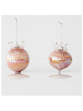 Γυαλινο Στολιδι, Ιριδιζον, Ροζ, με Κορωνα, 2 Σχηματα, σετ 2τμχ, 8x9,5cm