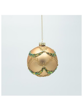 Γυαλινη Μπαλα, Χρυση ματ με Πρασινες Πετρες, σετ 4τμχ, 10cm