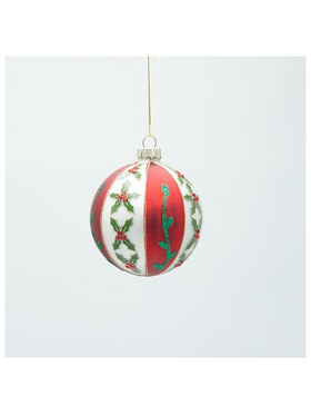 Γυαλινη Μπαλα, Λευκη με Κοκκινο και Σχεδια Γκι, σετ 4τμχ, 8cm