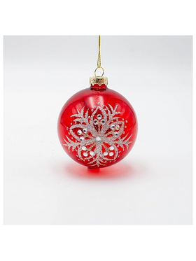 Γυαλινη Μπαλα, Κοκκινη με Ασημι Λουλουδι, σετ 4τμχ, 8cm