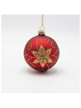 Γυαλινη Μπαλα, Κοκκινη με Χρυσο Λουλουδι, σετ 4τμχ, 8cm
