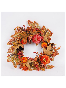 Στεφανι με Φυλλα Σφενδαμου και Πορτοκαλι Βελουδινες Κολοκυθες, 60cm