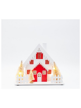 Φωτιζομενο Ξυλινο Σπιτι, Κοκκινο & Λευκο, me Δεντρα και Χιονισμενη Οροφη Μπαταριας 2xaa, Χρονοδιακοπτη, 10 Θερμα Λευκα Led, 20x10x20cm, Ip20