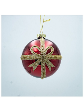 Γυαλινη Μπαλα, Κοκκινη με Χρυσο Φιογκο, σετ 4τμχ, 10cm