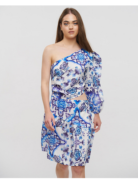 Ble Φορεμα Konto με 1ωμο και Ανοιγμα στη Μεση Μπλε/λευκο/μωβ s/m (Linen)