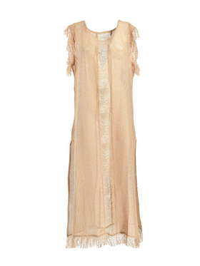 Ble Φορεμα Amaniko σε Μπεζ Χρωμα με Κροσσια one Size (100% Cotton)