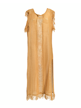 Ble Φορεμα Amaniko σε Μουσταρδι Χρωμα με Κροσσια one Size (100% Cotton)