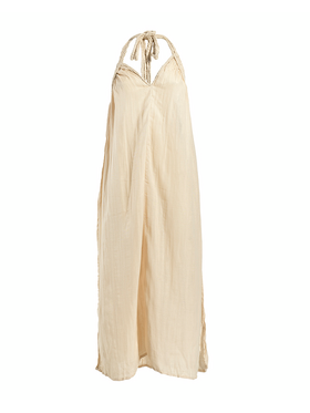 Ble Φορεμα Μακρυ Εξωπλατο σε Μπεζ Χρωμα με Μπεζ Κορδονια one Size (100% Cotton)