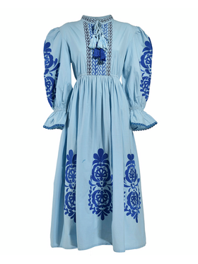 Ble Φορεμα/καφτανι Μακρυ σε Γαλαζιο Χρωμα με Μπλε/μαυρα Κεντηματα one Size (100% Cotton)