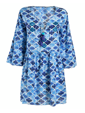 Ble Φορεμα/καφτανι Λευκο/μπλε με Χαντρες L/xl (100% Cotton)