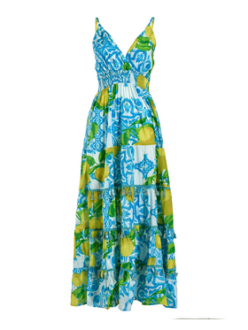 Ble Φορεμα Μακρυ Αμανικο Τυρκουαζ με Λεμονια one Size (100% Cotton)