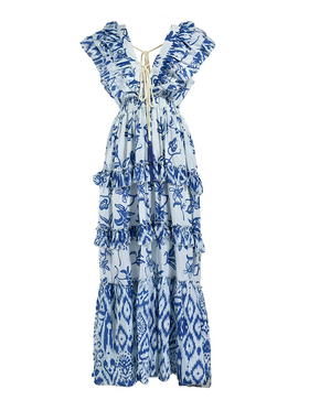 Ble Φορεμα Μακρυ με Βολαν Μπλε/λευκο one Size (100% Cotton)