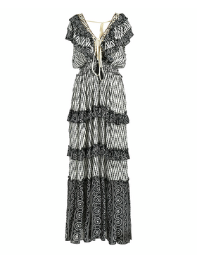 Ble Φορεμα Μακρυ με Βολαν Μαυρο/λευκο one Size (100% Cotton)
