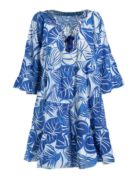 Ble Φορεμα Κοντο με Μακρυ Μανικι Λευκο/μπλε με Φυλλα m/l (100% Cotton)