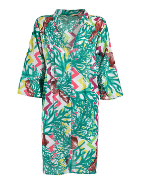 Ble Φορεμα/καφτανι Κοντο με 3/4 Μανικι Πρασινο με Κοραλια s/m (100% Cotton)