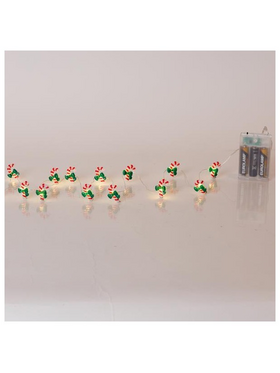 Σειρα, 20 Mini Led, Ζαχαρωτο με Πρασινο Φιογκο, Μπαταριας 3xaa, Χρονοδιακοπτη, Ασημι Χαλκινο Καλωδιο, Θερμο Λευκο Led, ανα 10cm, Προεκταση Παροχης 30cm, Ip20