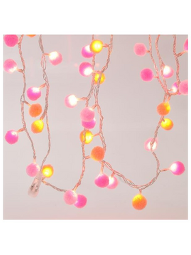 Σειρα,100 led 3mm Θερμα με Λευκες και ροζ Υφασματινες Μπαλεσ,μετασχημ/στη & Επεκτ,προεκτ Παροχης 300cm,διαφαν Καλωδιο,ανα5cm,ip44