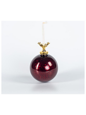 Γυαλινη Μπαλα, Σκουρη Κοκκινη με Πορσελανινο Ταρανδο, 1τμχ, 10cm