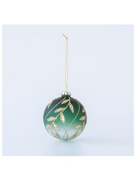 Γυαλινη Μπαλα, Πρασινη, με Χρυσα Φυλλα, σετ 4τμχ, 10cm