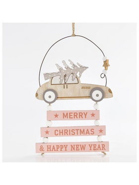 Στολιδι Ξυλινο Κρεμαστο με Αυτοκινητο και ροζ Επιγραφη, 22cm