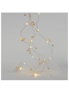 Σειρα, 20 Mini Led, με Ακρυλικα Λουλουδια και Περλες, Μπαταριας 2xaa, Timer, Ασημι Χαλκινο Καλωδιο, Θερμο Λευκο Led, ανα 7,5cm, Προεκταση Παροχης 50cm, Ip20