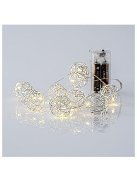 Σειρα, 10 Mini Led, με Μεταλλικες Μπαλες 3cm, Μπαταριας 2xaa, Ασημι Χαλκινο Καλωδιο, Θερμο Λευκο Led, ana 10cm, Προεκταση Παροχης 50cm, Ip20